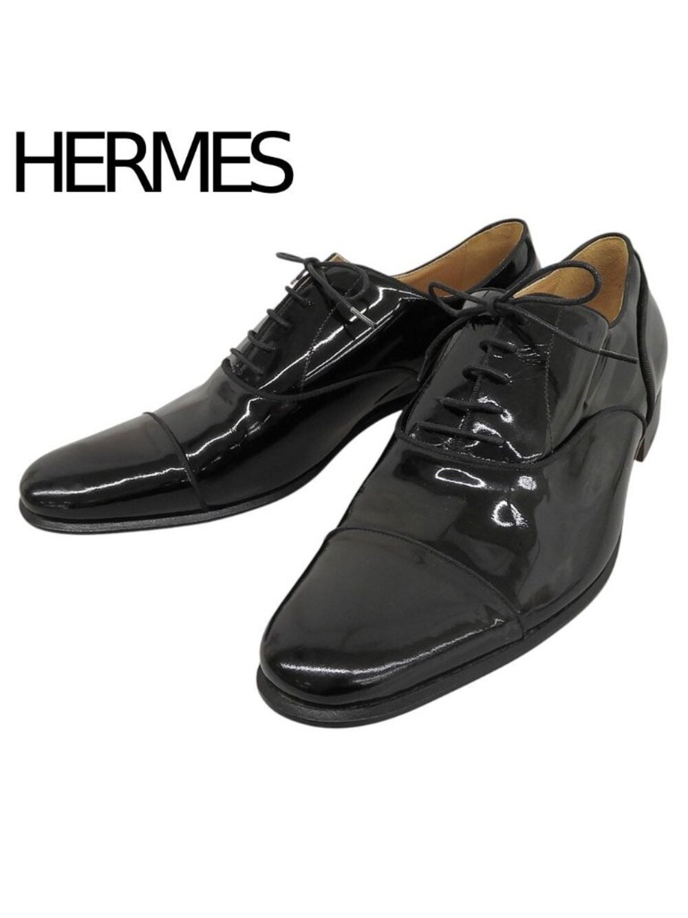 Hermes Patent Leather Oxford Dress Shoes Closed Lacing Straight Tip